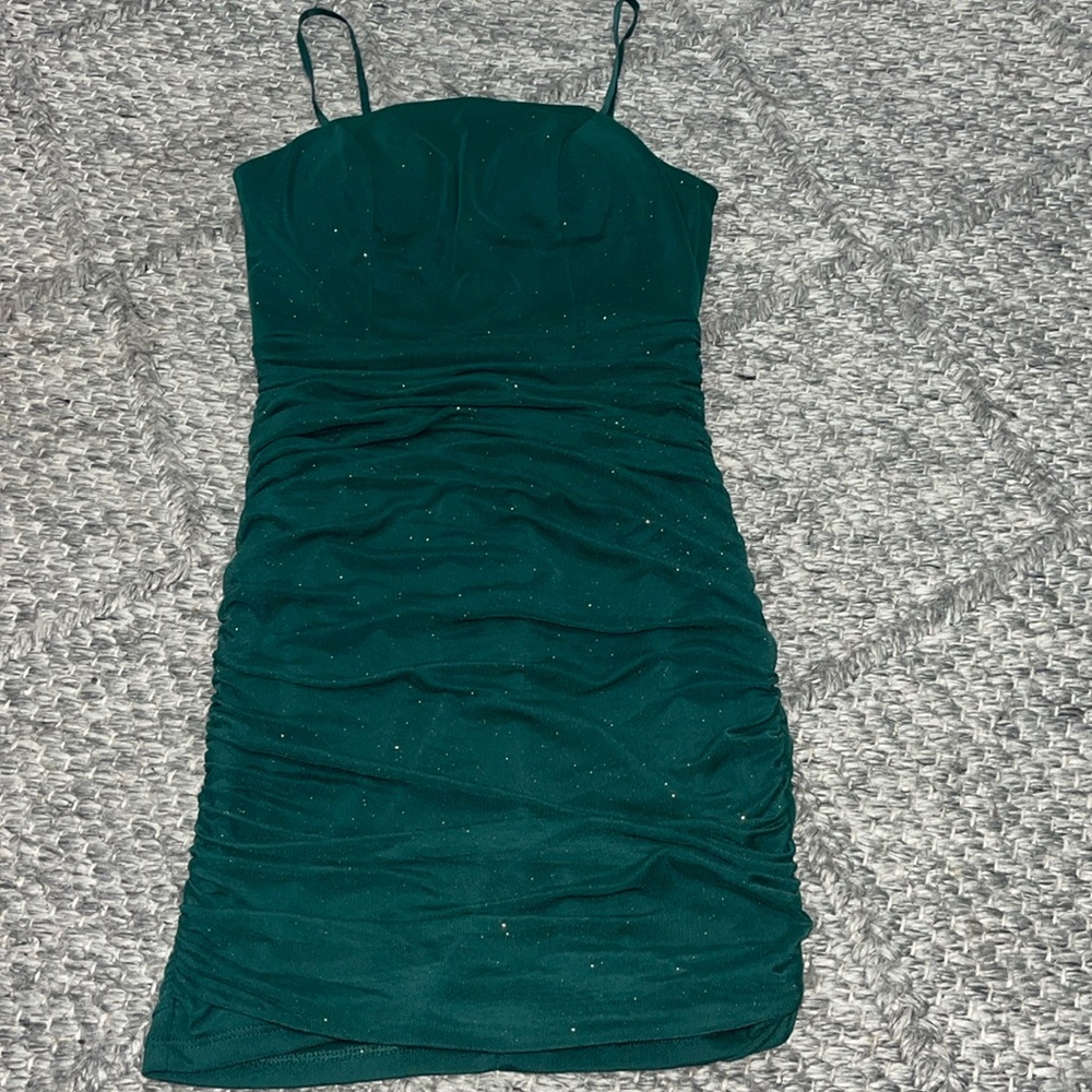 Emerald Green Sparkle Ruched Mini Dress